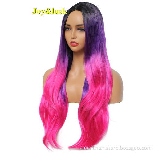 Long Natural Wavy Wig for Women Middle Part Daily Hair or Halloween Party Cosplay Wig Black Ombre Purple Synthetic Hair Wigs